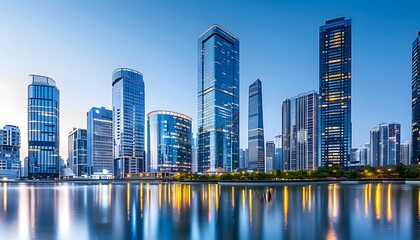 Obraz premium Modern Skyscrapers Reflecting in a Calm Water at Dusk