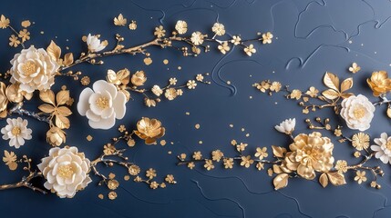Fototapeta premium Golden and white flowers arranged on a dark blue background, forming a frame.