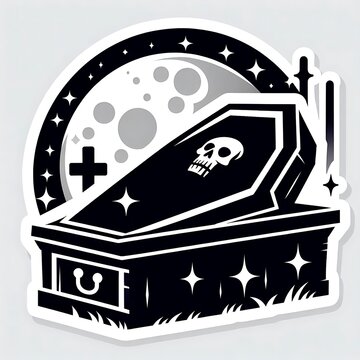 recommend clip art: Coffin with skull, cross and moon. Halloween sticker with white border isolated on white background. Horror and monster stickers concept