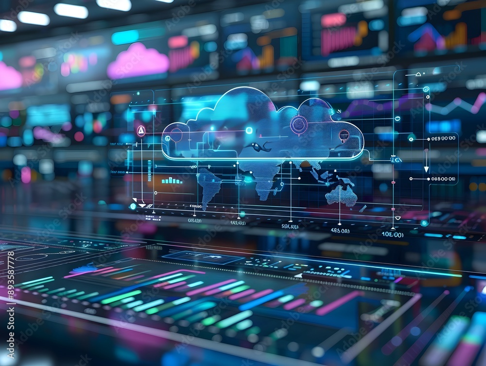Aufkleber futuristic cloud computing interface with interactive data visualizations and diagrams