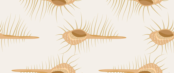 Vector flat illustration. Seamless sea shells. In cartoon style. Cute print. Ideal for gift wrapping, posters, covers, screensavers, textile decor, etc.
