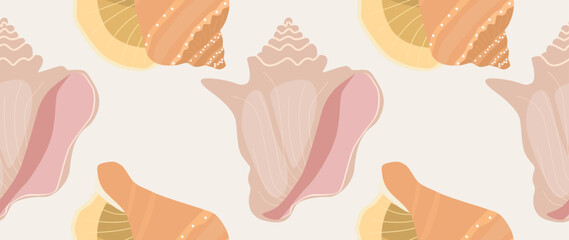 Vector flat illustration. Seamless sea shells. In cartoon style. Cute print. Ideal for gift wrapping, posters, covers, screensavers, textile decor, etc.