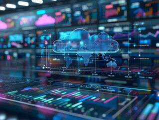 Naklejka premium Futuristic Cloud Computing Interface with Interactive Data Visualizations and Diagrams