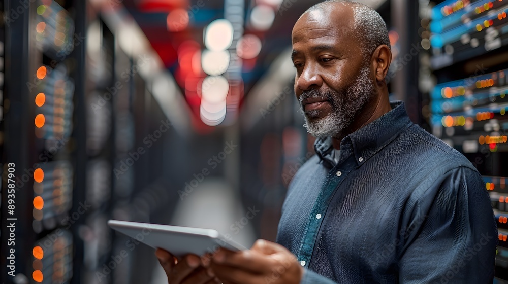 Poster man using tablet to manage cloud computing resources and virtual machines in data center