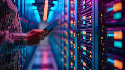Man Utilizing Tablet to Manage Cloud Resources and Virtual Machines with Data Center Backdrop Cloud Computing Concept