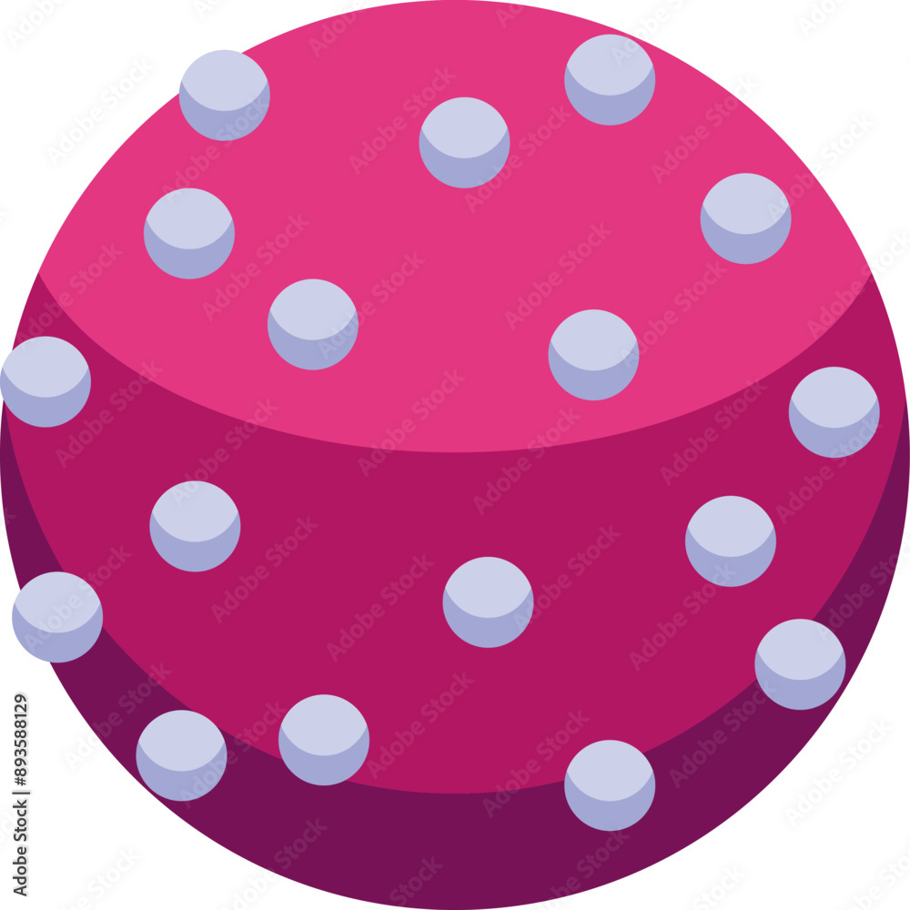 Poster illustration of a pink sphere with small white dots, creating a simple and graphic pattern