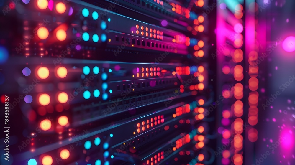 Poster illuminated cloud server rack with led indicators showcasing data processing