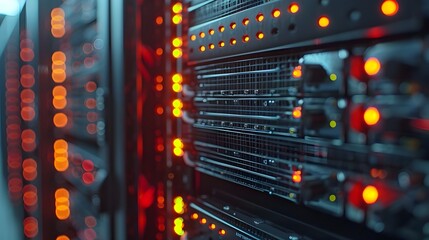 Naklejka premium Vibrant Cloud Server Rack with Active LED Indicators for Data Processing and Computing