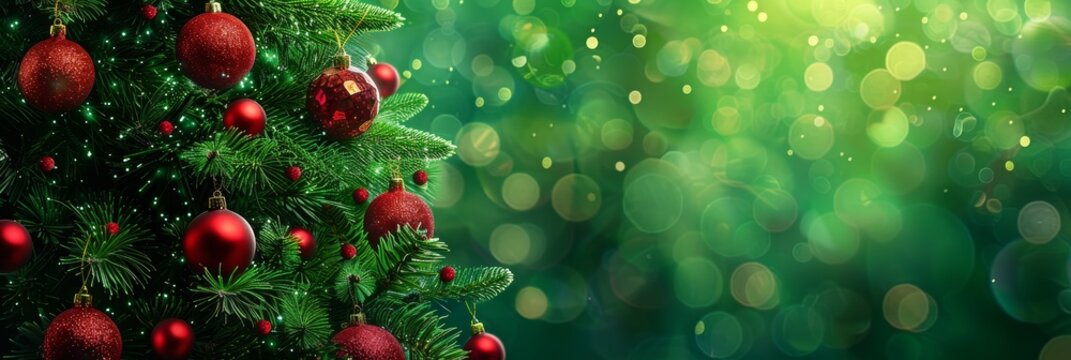 A festive Christmas tree with red ornaments stands against a glowing green background, reflecting the holiday spirit and joyful celebration. It sparkles with the magic of Christmas