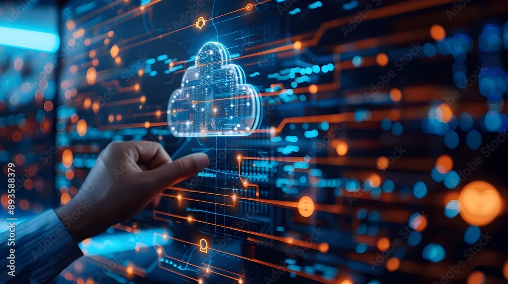 Poster IT professional configuring cloud computing security and settings on touchscreen interface