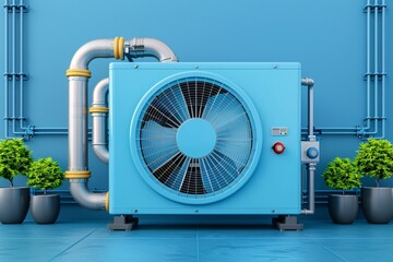 Blue Air Conditioner Unit with Pipes and Plants.