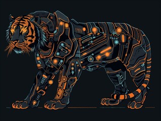 Tiger with cybernetic enhancements and neon highlights. Ideal for tech and futuristic art.