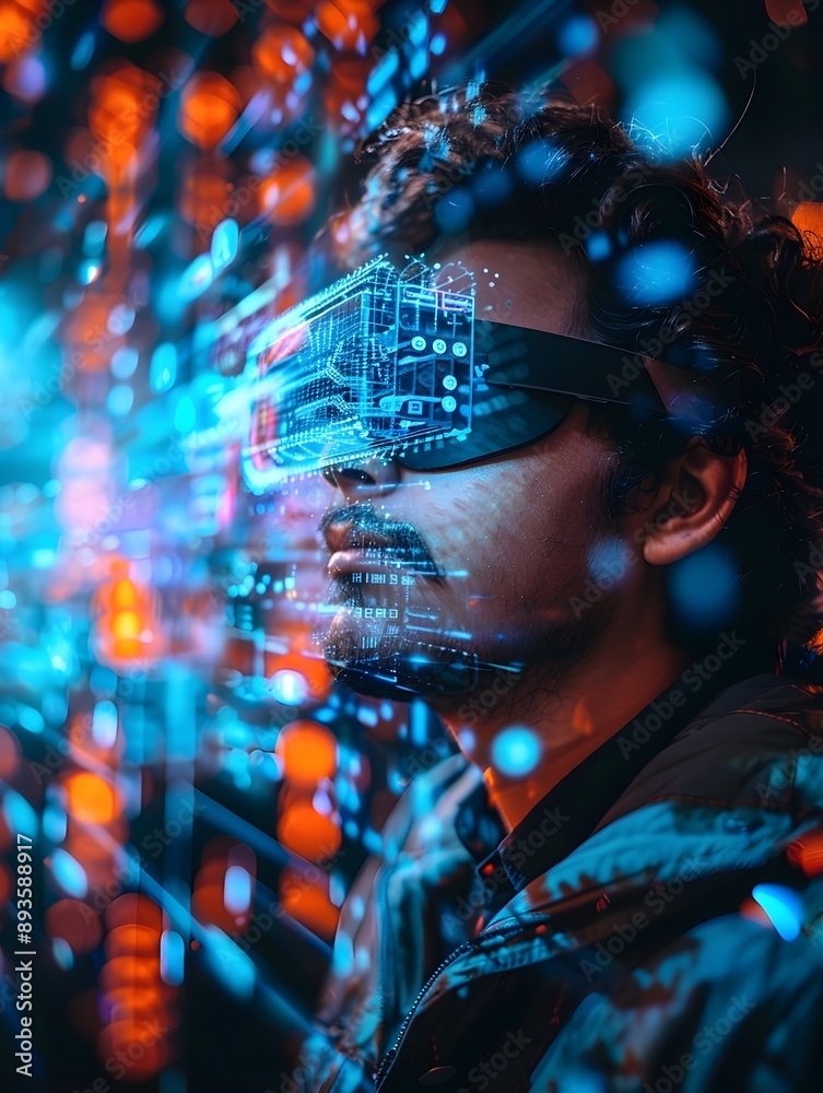 Poster employee visualizing cloud architecture and data flow using augmented reality