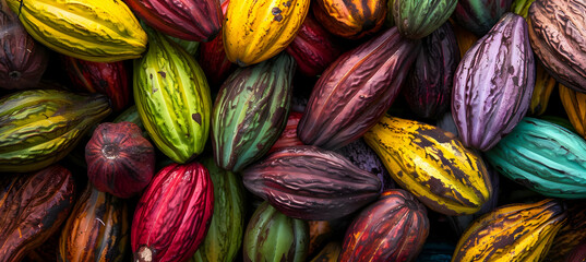Fototapeta premium A vibrant assortment of colorful cacao pods arranged closely together. Diverse colors and textures vividly highlight the beauty of nature.