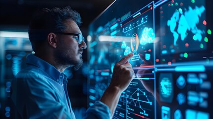 Businessman Overseeing Virtual Cloud Infrastructure Dashboard for Data Management and Business Analytics