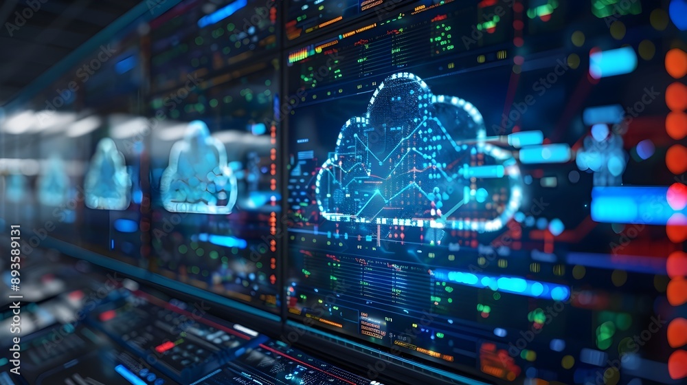 Poster it department monitoring cloud service performance and network health on multiple screens