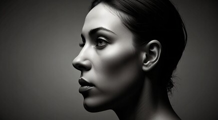 Fototapeta premium Profile portrait of a young woman with elegant features in black and white