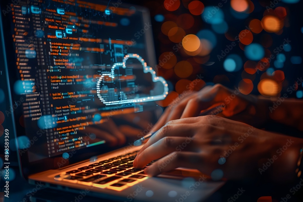 Poster Programmer Developing Cloud Based Software with Digital Cloud Interface Visualization