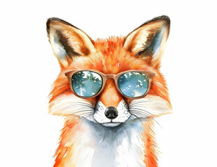 Cute watercolor fox wearing stylish sunglasses, vibrant and playful animal artwork perfect for creative designs and decor.