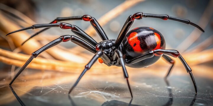 Highly detailed image of a black widow spider standing centrally, showcasing its sleek black body, distinctive red hourglass shape, and delicate legs in crystal-clear focus.