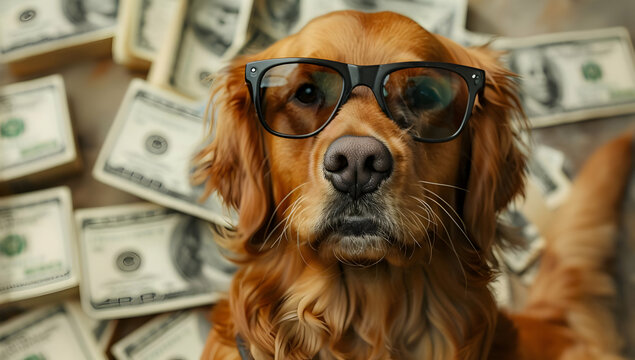Cute golden retriever wearing glasses surrounded by dollar bills, symbolizing wealth, finance, and intelligence.