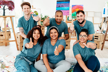 Creative, group and thumbs up with art portrait for artistic achievement, positive feedback and yes for painting classes. Diversity, people and together with hand gesture, well done and creativity.