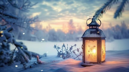 lantern in snowy winter landscape at christmas eve, advent season holiday concept with copy space