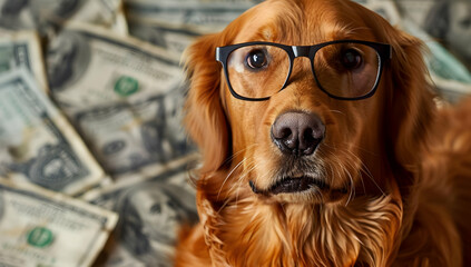 Golden Retriever dog wearing glasses, posing with stacks of dollar bills, symbolizing wealth and intellect. Creative financial concept photo.