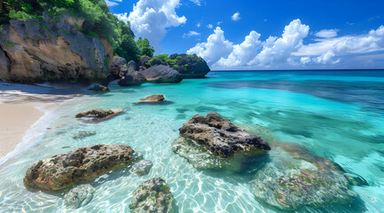 Obraz premium Stunning tropical beach with crystal clear water, white sand, and rocky shoreline under a bright blue sky with fluffy clouds.