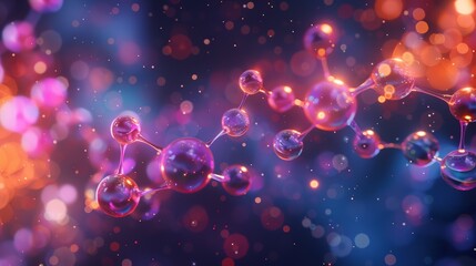 Dynamic illustration of interconnected molecules in pastel and bright colors, set against a rich, dark backdrop.