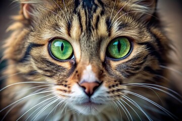 Adorable close-up portrait of a curious cat's bright green eye with long eyelashes, whiskers and soft fur, highlighting feline beauty and innocence.
