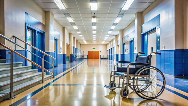 Empty school hallway with wheelchair ramps and accessible facilities, symbolizing inclusivity and equal opportunities for students with disabilities in education.