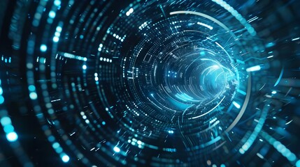 Obraz premium Futuristic Network Connection Background with Blue Glowing Light and Data Flow in Cyberspace Tunnel to Web Virtual World