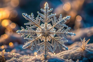 Delicate snowflake crystal rests on transparent glass surface, showcasing intricate and symmetrical six-pointed star structure with lacy patterns and frosty edges in sharp focus.