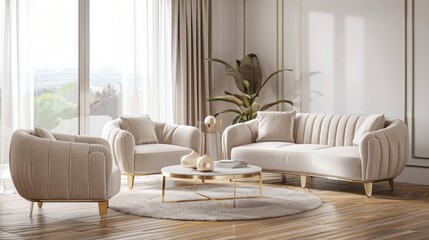 very light and bright interior of luxurious cozy living room with chic soft beige furniture with gold metallic elements, huge window to the floor and wooden parquet.