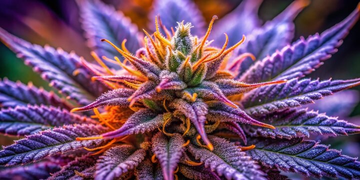 Vibrant purple untrimmed medical marijuana flower showcases intricate trichomes, bright orange hairs, and surrounding leaves in a highly detailed macro photograph.