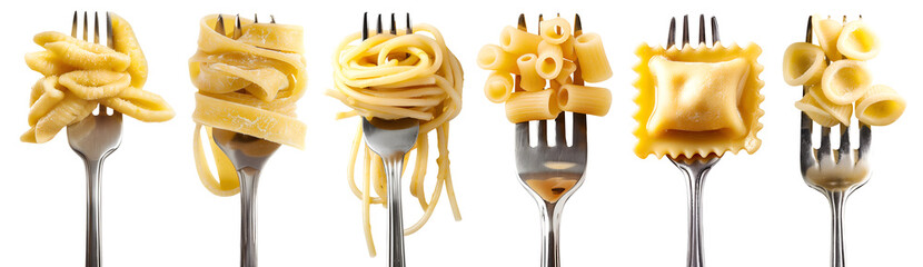 Set of Italian pasta on twirled stainless steel fork, Cavatelli, Pappardelle, Spaghetti, Ditalini, Ravioli, Orecchiette on transparent cutout PNG file. Many different Mockup template for design