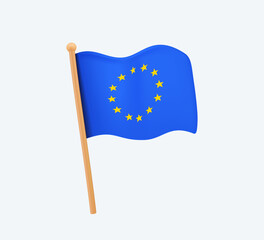 European Union Flag 3D icon vector. Europe flag modern icon. Waving in the Wind on Pole. EU, Euro integration. European integration process of uniting European countries