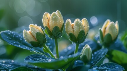 Dew-Kissed Blossoms Emerging in Early Morning Light. Generative AI