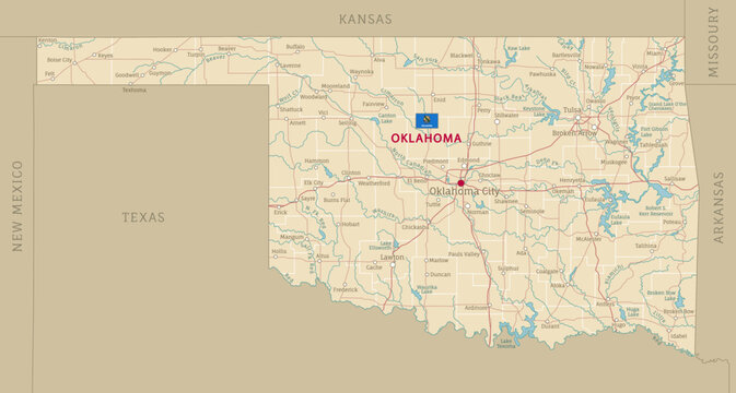 Road map of Oklahoma, US American federal state. Editable highly detailed transportation map of Oklahoma with highways and interstate roads, rivers and cities realistic vector illustration