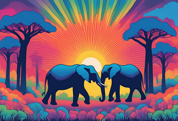 Fototapeta premium elephants in the sunset