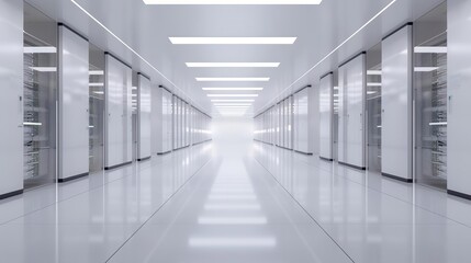 Fototapeta premium A modern, spacious corridor with bright lighting, clean lines, and reflective surfaces, ideal for technology and innovation themes.