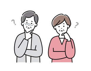 夫婦イラスト　表情　家族 　日本人　悩む　考える　シニア 　夫婦　おしゃれ　シンプル　かわいい	