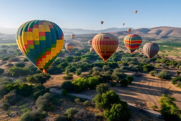 Fototapeta premium Colorful Hot Air Balloons Soaring Over a Lush Landscape