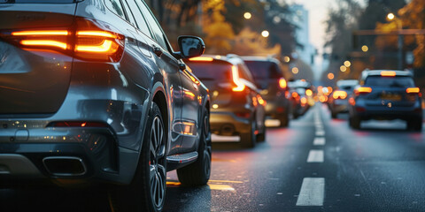 A busy urban street filled with heavy traffic during dusk, with car lights illuminating the scene.