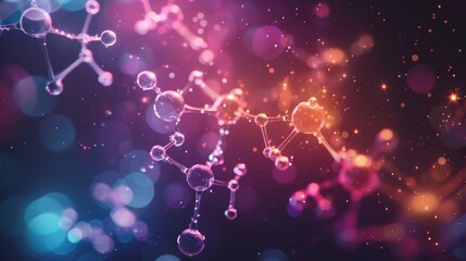 Illustration of vibrant pastel and bright-colored molecules against a dark background, highlighting their intricate connections.