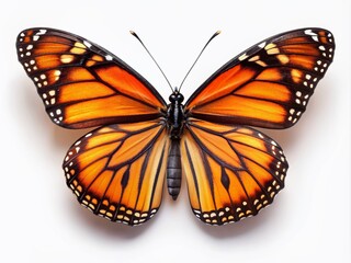 Fototapeta premium Vibrant orange and black monarch butterfly with delicate wings fully open, showcasing intricate veins, perched on a pristine white background, epitomizing summer's warmth and freedom.