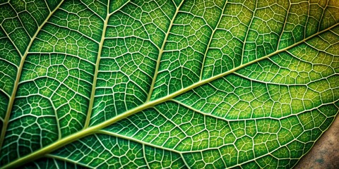 Obraz premium Vibrant green leaf's intricate network of veins and delicate edges pops against a rough, earthy background, providing ample space for overlaid text or design elements.