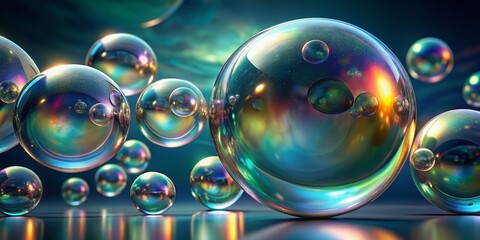 Naklejka premium Iridescent soap bubbles rise on a sleek silver teal background, capturing light from below with a mesmerizing barreleye effect in stunning 3D rendered detail.