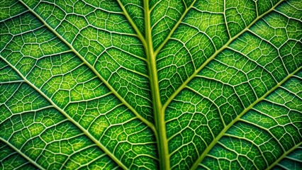 Fototapeta premium Vibrant green leaf showcases intricate veins and textures on a subtle, organic background, providing ample copy space for nature-inspired designs and compositions.